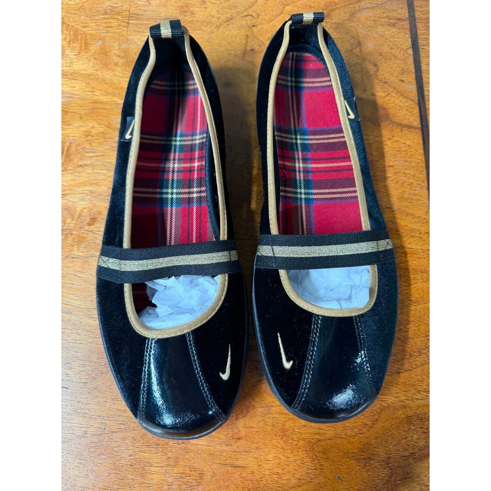 Vtg Y2k Nike Womens 8.5 Black Mary Jane Flats Velvet Plaid Gold 317582-071 2007